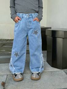 SHEIN Girls' New Five-Pointed Star Embroidered Straight Leg Wide Jeans Pants - Light Wash - View 5