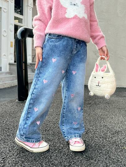 SHEIN 年轻女孩时尚爱心刺绣宽松直筒休闲牛仔裤