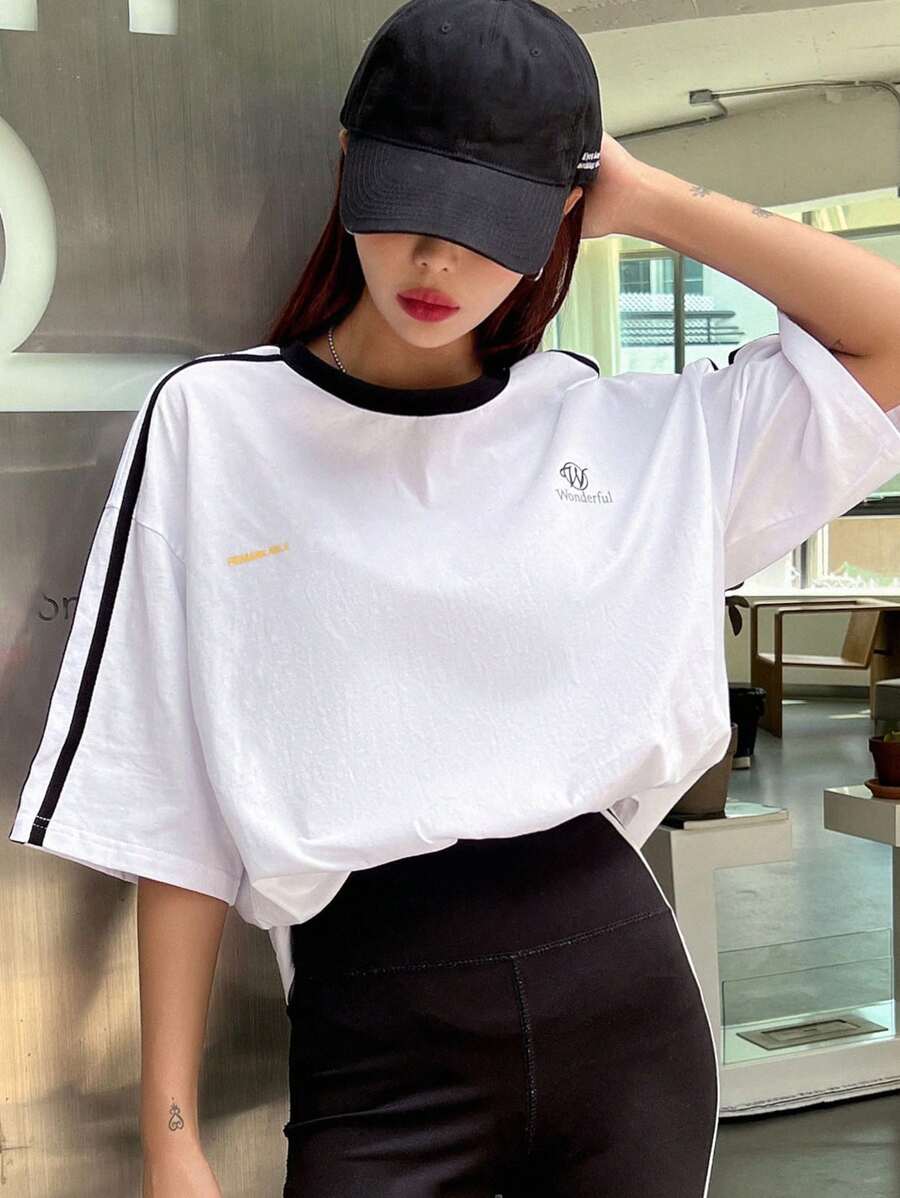 DAZY Letter Graphic Contrast Trim Tee - White - View 1