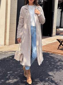 Chiquease Women's Houndstooth Stand Collar Mid-Length Double Breasted Casual Overcoat Thermal Fall Cloth For Women