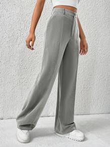 SHEIN EZwear Bộ vest cạp cao màu xám đậm trơn mùa xuân, quần ống đứng cho mùa thu/đông - Màu Xám nhạt - Xem 6