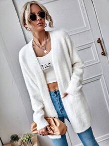 SHEIN LUNE Patch Pocket Fuzzy Cardigan,Long Sleeve Tops