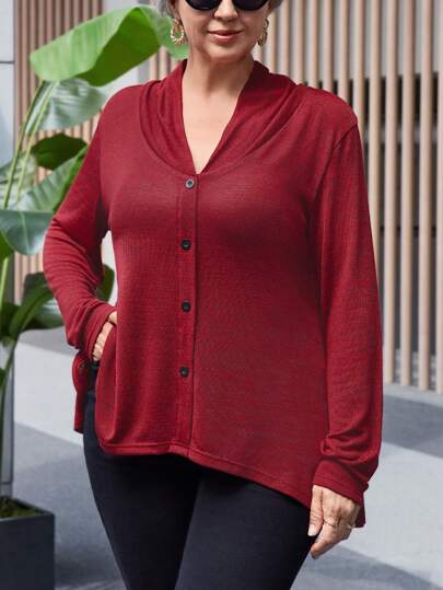 EMERY ROSE 大码女式 V 领长袖休闲妈妈酒红色上衣，冬季女装