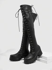 Sugerpunk Giày bốt đế dày đế tròn đế xuồng PU thời trang thường ngày cho nữ, đi tiệc, có khóa kéo cao đến đầu gối - màu đen - Xem 2