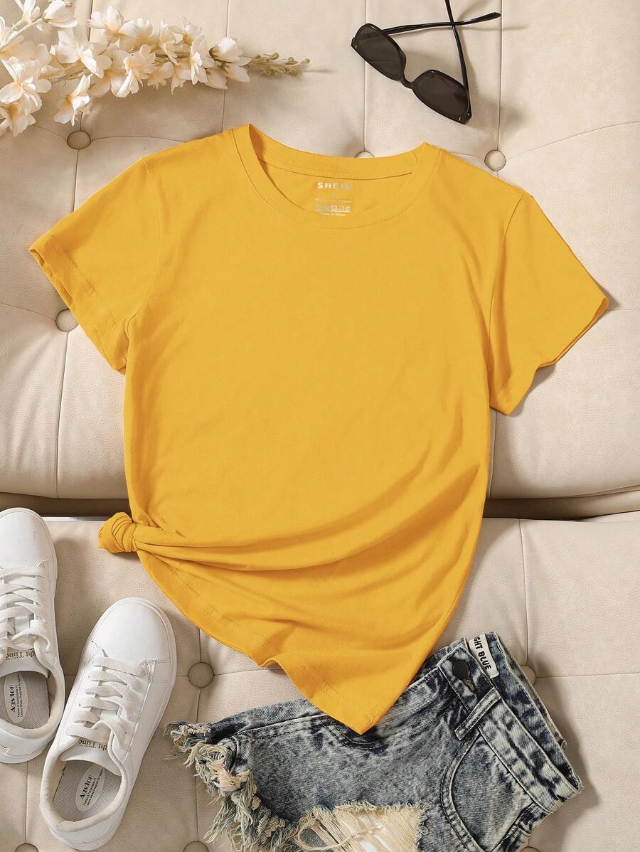 INAWLY 女士夏季简约休闲日常装短袖 T 恤 - 芥末黃 - 查看 1