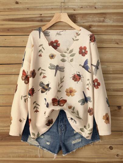 Linhara Plus Size Women's Solid Color V-Neck Sweater With Graphic Print, Loose Fit For Fall Winter, Suitable For Halloween, Thanksgiving, Christmas, New Year's Eve And Other Occasions Knit Pullover