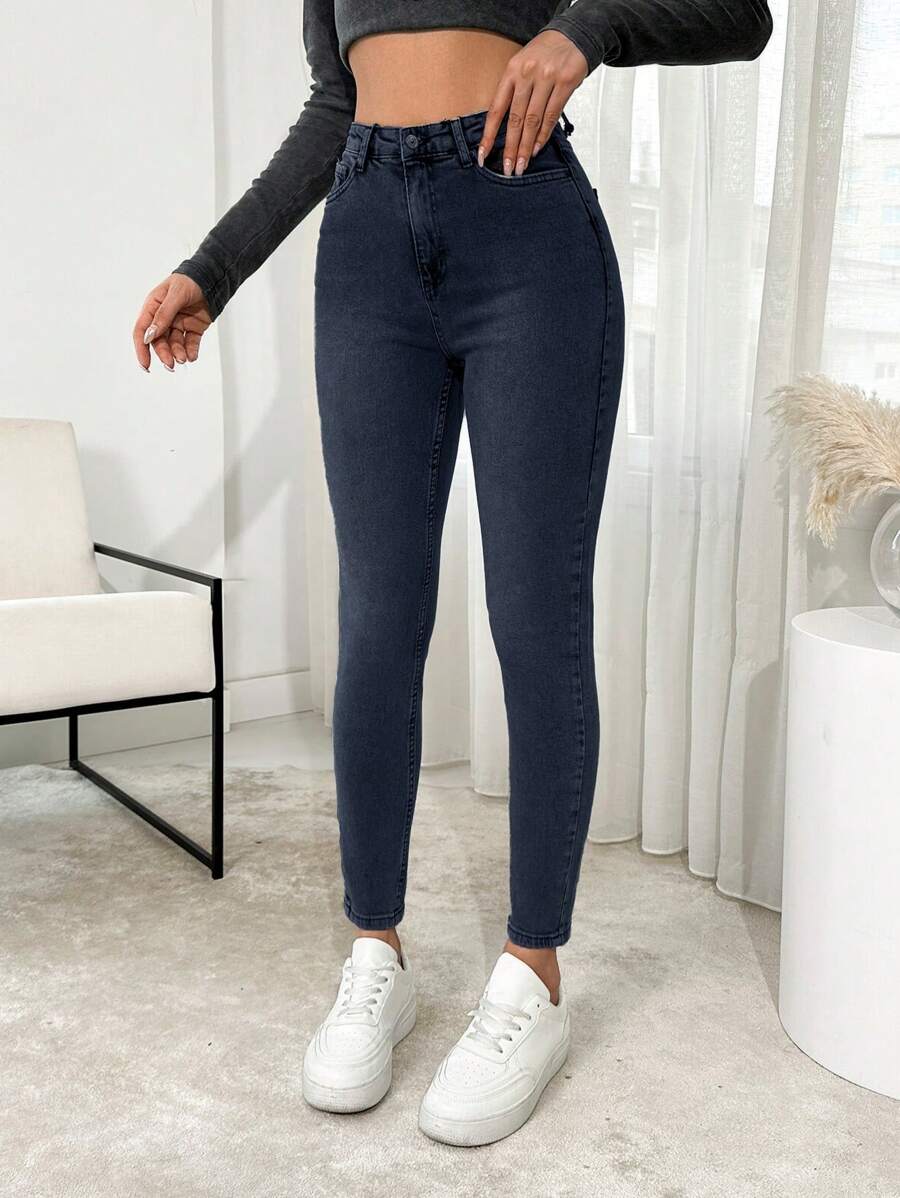 EURMUSE High Waist Snow Wash Skinny Jeans - Dark Wash - View 1