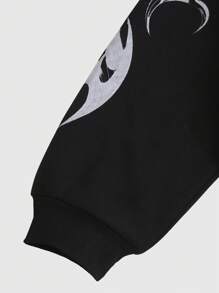 ROMWE MEN Street Life 男士休闲肖像印花宽松连帽衫，秋冬 - 黑色 - 查看 5