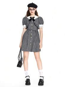 ROMWE Kawaii 女士夏季可爱荷叶边袖迷你连衣裙 - 灰色 - 查看 1