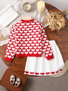 Young Girl Heart Pattern Knitted Sweater And Skirt Set, Suitable For Daily Wear And Occasions - Red - View 2