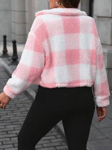 Calvaya 大码短款格子印花拉链羊毛夹克 - 粉色 - 查看 2