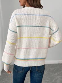 SHEIN LUNE Áo len sọc ngang cổ tròn tương phản bó sát LUNE dành cho nữ dành cho mùa thu đông - trắng - Xem 2