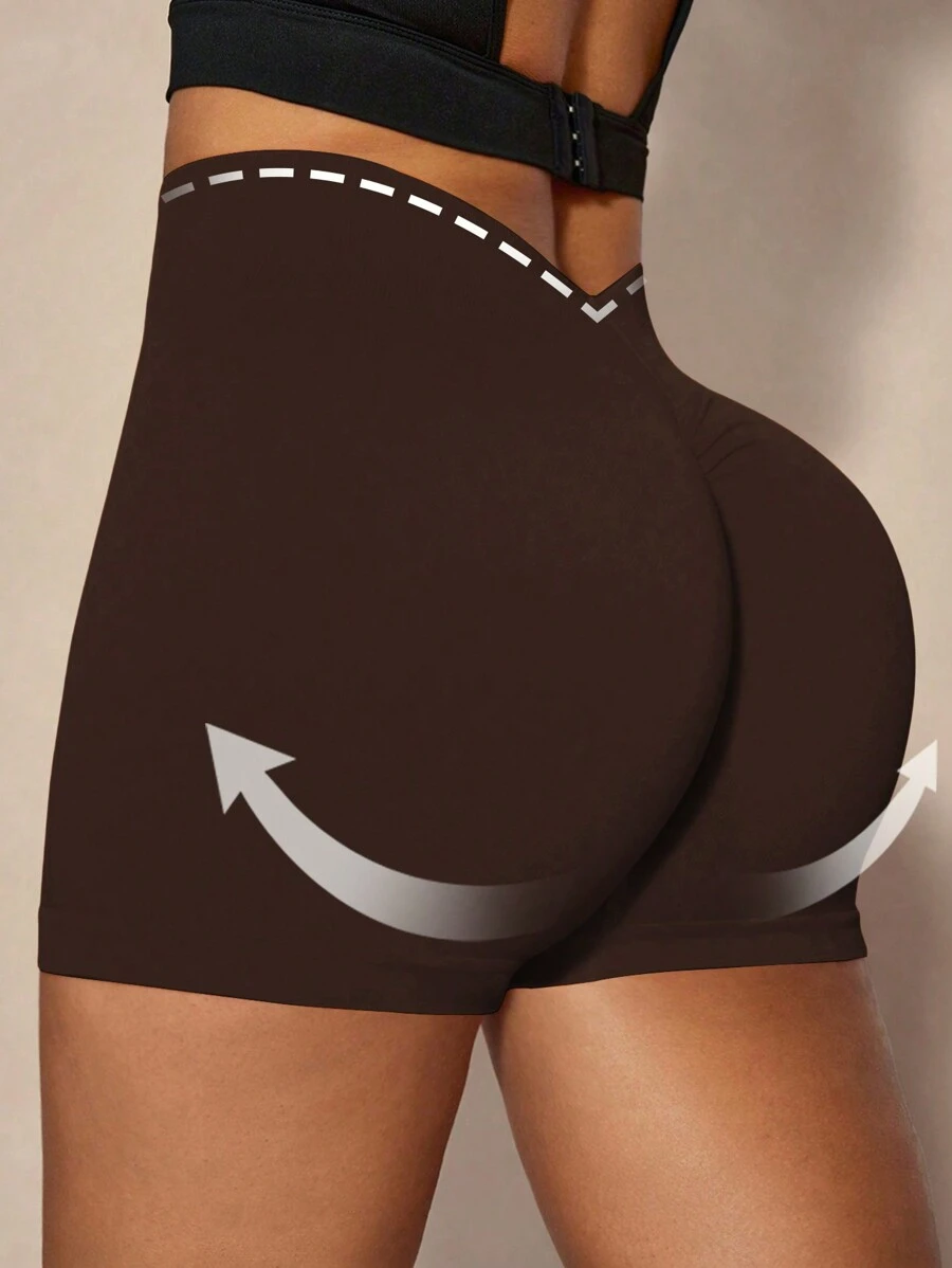 Easithlete 女式运动短裤，腰部褶皱，性感紧身，弹力舒适，适合瑜伽和健身女士运动短裤、健身短裤、骑行短裤 - 咖啡棕 - 查看 1