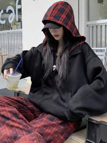 DAZY Women's Plaid Patchwork Loose Thermal Lined Sweatshirt