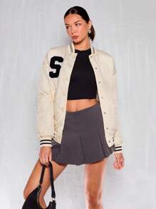 SHEIN Unity 女士字母贴花翻领纽扣休闲冬季服装加厚棉服外套 - 杏色 - 查看 3
