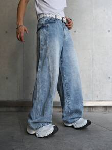 Manfinity Hypemode Jeans décontractés en denim lavé ample pour hommes, jeans bleus amples lavés unis. Idéal pour le mari, cadeau pour le petit ami