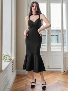 DAZY Vestido de tirantes finos de unicolor minimalista con cola de pez, apto para otoño y verano