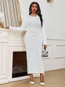 SHEIN Lady Vestido de suéter elegante bohemio blanco de lana peinada de cuello redondo recto con recorte calado de manga larga y talla grande para otoño e invierno - Blanco - Ver 3