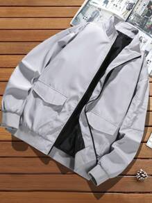 Manfinity Homme Men's Solid Color Long Sleeve Cargo Pocket Casual Jacket, Fall - Grey - View 1