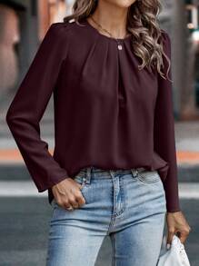 EMERY ROSE 女式纯色圆领褶皱泡泡袖优雅衬衫，秋季