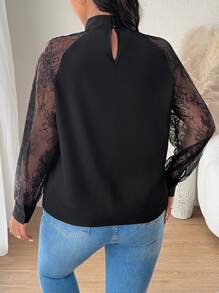 SHEIN Frenchy Elegant & Simple Black Lace Patchwork Plus Size Blouse, Fall/Winter - Black - View 2