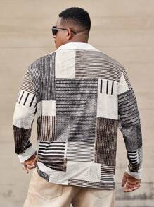Manfinity Homme Camisa polo de manga larga con bloques de color y rayas de moda para hombres de talla grande, urbana para otoño