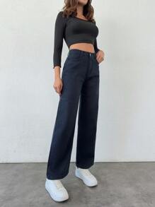 EURMUSE 100% Cotton Women's Mid-Rise Straight Leg Casual Jeans - Navy Blue - View 4