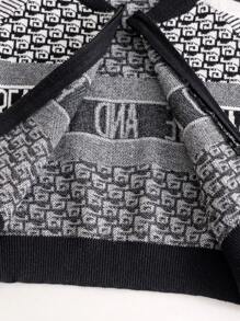 SHEIN 2 件套女孩年轻女孩时尚休闲运动字母图案拉链开衫毛衣和罗纹裙套装，秋季 - 黑色 - 查看 5