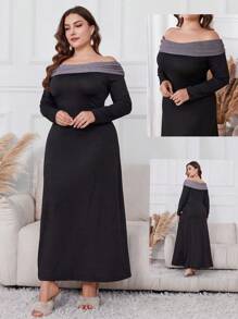 Modelyn Plus Size Spring & Autumn Elegant Color Blocking Off-Shoulder Long Dress, Elegant Fitted Maxi Length Dresses, For Casual Daily/At Home/Outdoor Lounging Around - Black - View 1