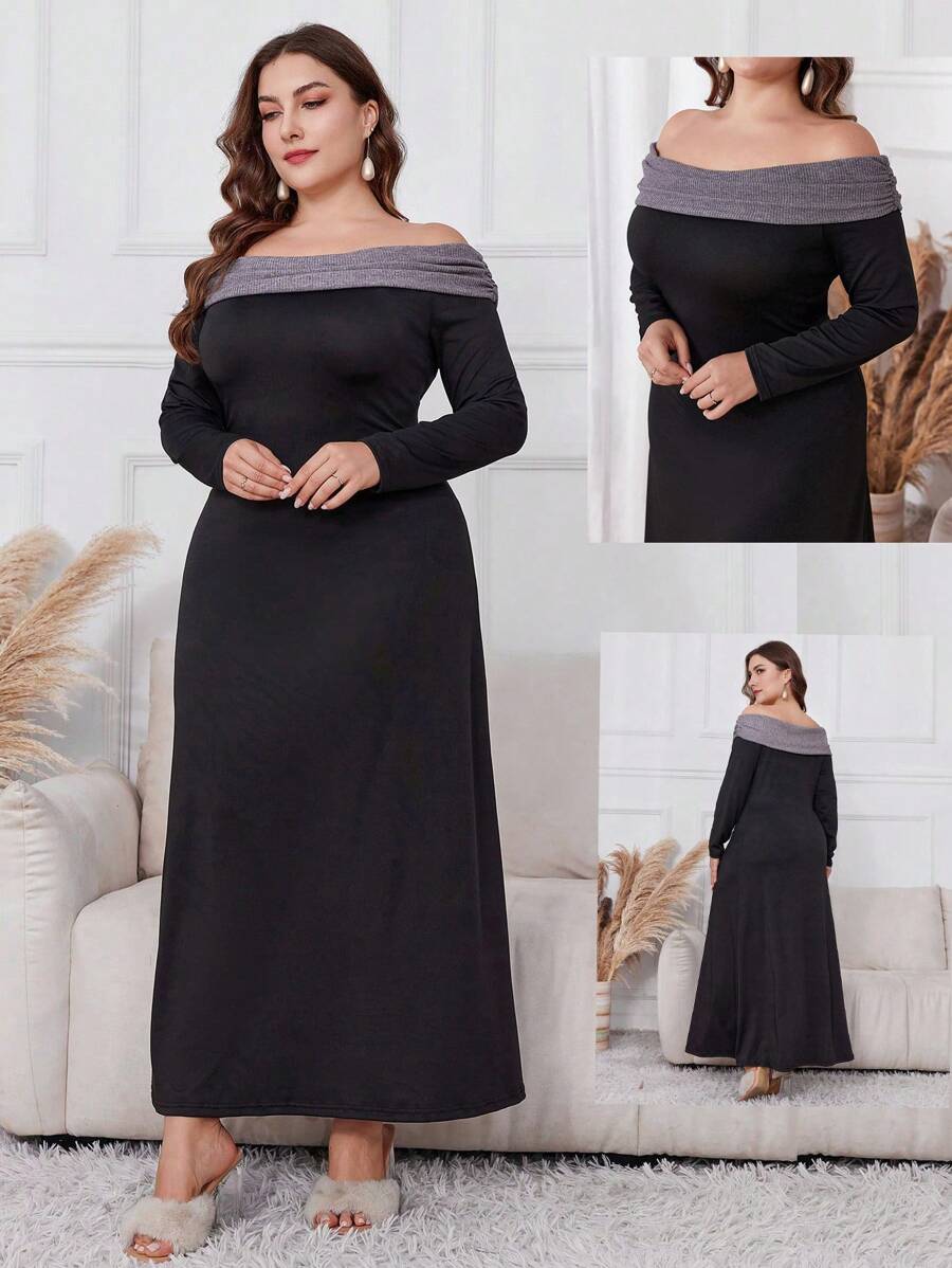 Modelyn Plus Size Spring & Autumn Elegant Color Blocking Off-Shoulder Long Dress, Elegant Fitted Maxi Length Dresses, For Casual Daily/At Home/Outdoor Lounging Around - Black - View 1