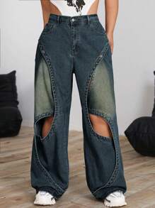 SHEIN ICON 大码前扣口袋镂空简约牛仔裤，休闲日常穿着 - 霧霾藍 - 查看 1