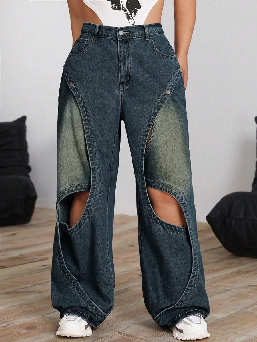 SHEIN ICON 大码前扣口袋镂空简约牛仔裤，休闲日常穿着 - 霧霾藍 - 查看 1