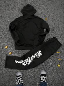 Manfinity Streetrush Men's Letter Print Simple Hooded Sweatshirt And Pants Casual Outfit