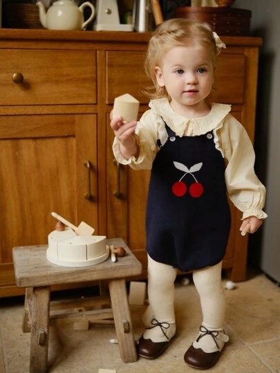 SHEIN 3 piezas/set jersey suave de punto con estampado de cereza, body y gorro de punto para bebé niña, adecuado para ocasiones casuales, salidas, viajes, vacaciones, hogar y guardería