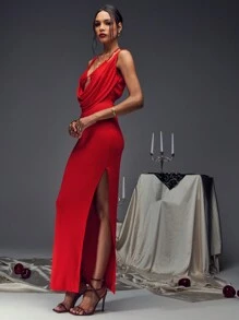 SHEIN Unity Christmas Party Dress Women Deep Cowl Neck Lace Bust Low Back Split Side Dress - Red - View 4