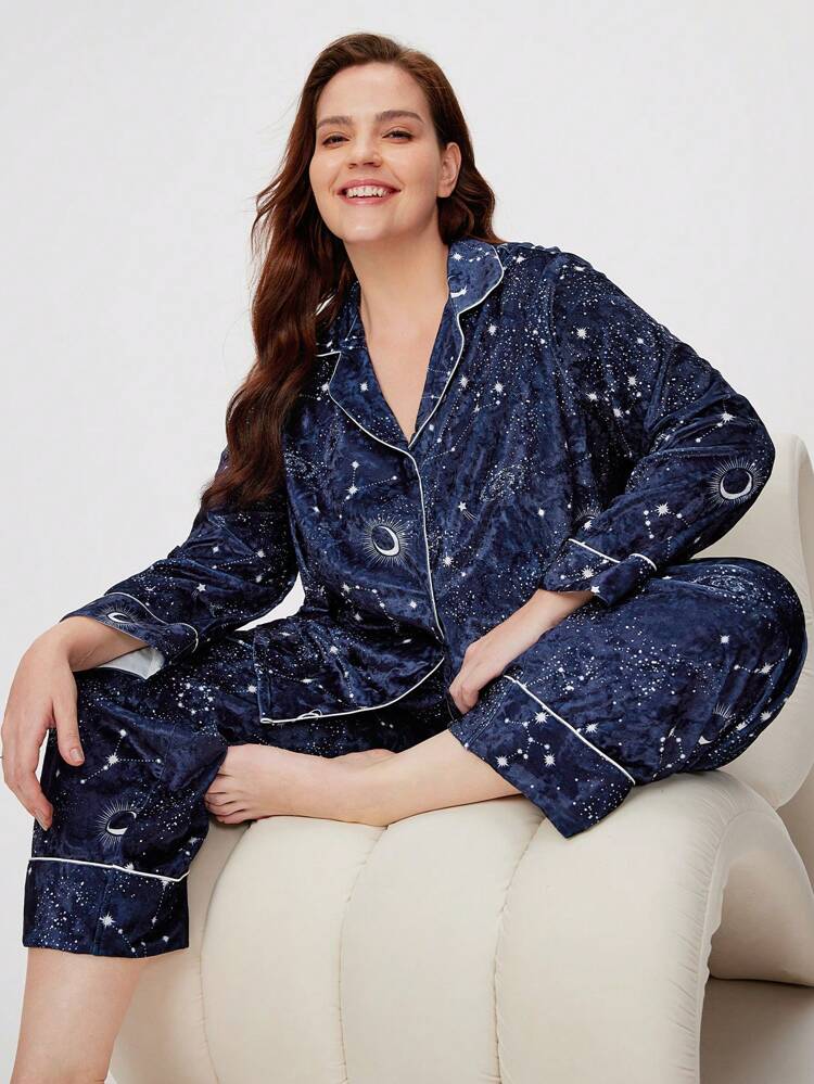 Women  Plus Winter Star Print Velour Button-Up Long PJ Set