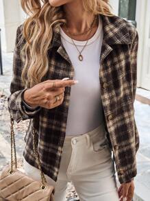 EMERY ROSE Áo khoác ngắn họa tiết kẻ caro thu đông cho nữ có cổ đứng và hàng khuy đơn - màu nâu - Xem 1