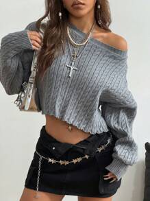SHEIN EZwear Women's Fall/Winter Casual/Going Out/Basic Cable-Knit Keep Warm Short Grey  Baggy Sweater - Grey - View 5