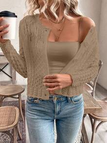 SHEIN LUNE Áo khoác cardigan dệt kim cổ tròn khoét nút phía trước cho nữ, mùa thu đông - Màu Khaki - Xem 5