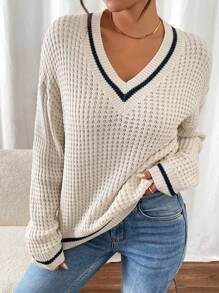 SHEIN Frenchy Suéter holgado de manga larga con cuello en V a rayas para mujer, para el otoño - Albaricoque - Ver 4