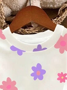 SHEIN Cute & Sweet Cartoon Floral Print Loose Fit Crew Neck Casual Comfortable Knit Long Sleeve Pullover Sweatshirt, Versatile For Girls, Suitable For Autumn/Winter