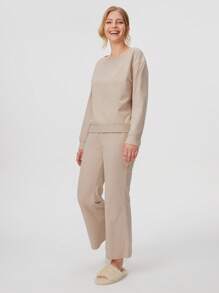 LUVLETTE 秋冬季女士舒适宽松柔软磨毛面料圆领套头衫长裤睡衣套装，可作内衣外穿，纯棉睡衣 - 米色 - 查看 5