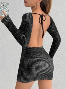 SHEIN Unity Women's Simplet Daily Long Sleeve Backless Dress With Chest Cutout - Black - View 2