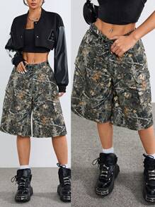 SHEIN EZwear 女士秋冬工装必备牛仔迷彩中长牛仔裤 - 咖啡棕 - 查看 7