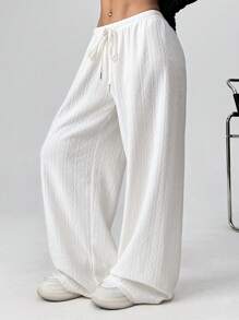 SHEIN EZwear Plus Size Women Drawstring Waist Wide Leg Loose Casual White Sweatpants - White - View 4