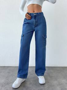 RueChic Women's Casual Streetwear Style Flap Pocket Loose Fit Denim Cargo Pants