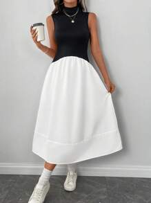 SHEIN LUNE Elegant Women Stand Collar Slim Fit Cruise Travel Daily Dress, Black And White - Black and White - View 6