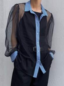 FRIFUL Women's Loose Fit Colorblock Puff Sleeve Shirt Sheer