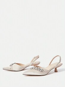 CUCCOO HITCHD Women's Spring & Summer New V-Cut Large Gem-Studded Chain Link Mid-Heels, Light Pink Realistic Flower Bow Accent, White Crystals, Sheer PVC Inset Satin Patchwork, Champagne Nude Stilettos For Party, Wedding Events Spring Shoes Spring Break Easter Prom Heels For Christmas - Apricot - View 8