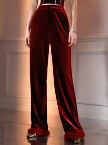 The Great Gatsby x MOTF VELVET SOLID ZIPPER FLY SLANT POCKET FLUFFY HEM BAGGY SUIT PANTS